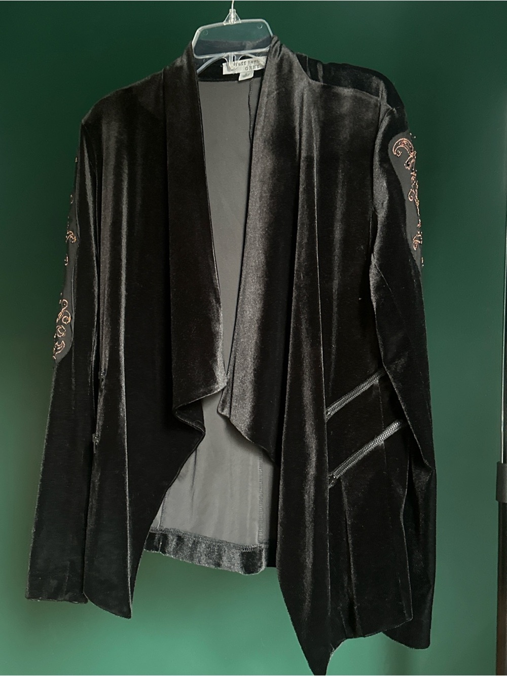 Ruff Hewn Black Velvet Draped Open-Front Jacket